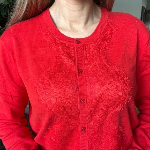 Marie Lund Vtg Red Long Sleeves Button Lace Knit Cardigan Sweater Holidays XL - Picture 3 of 14